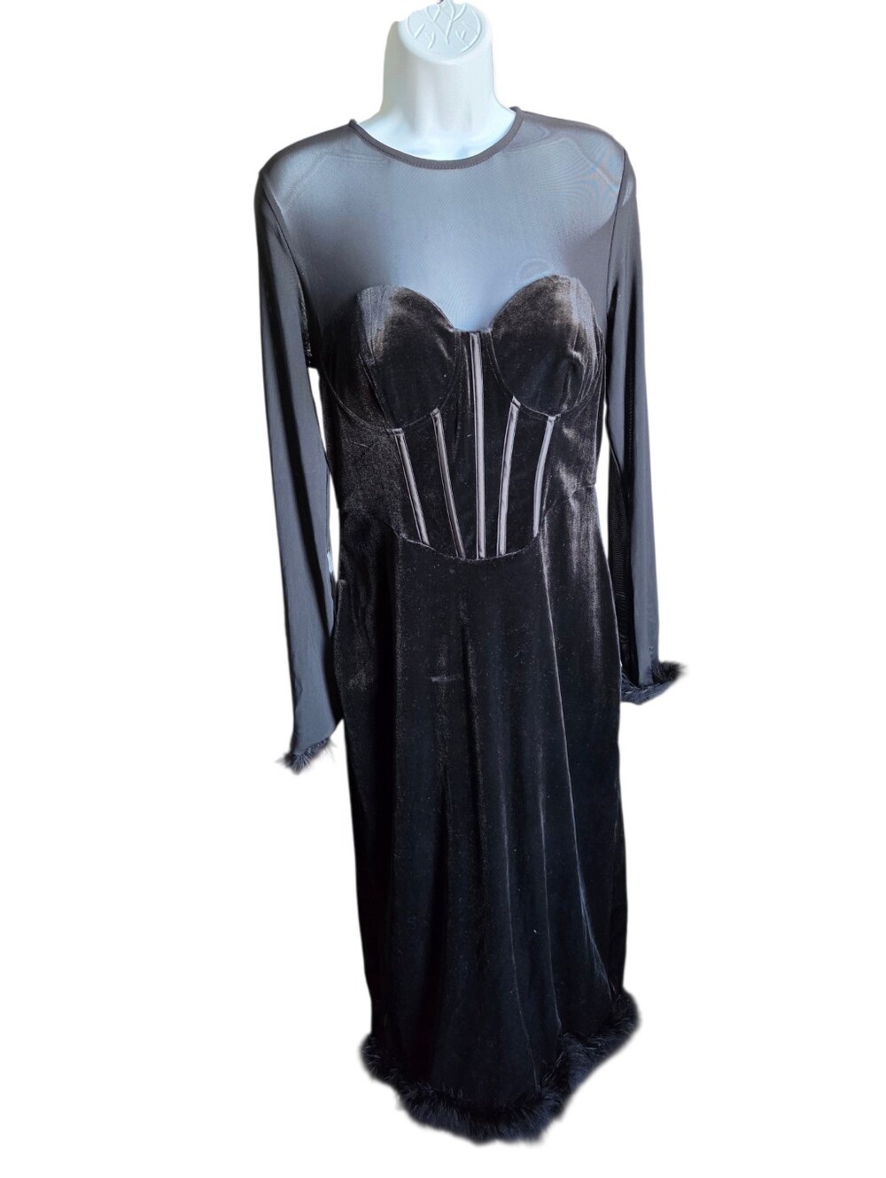 Lulus Sensational Situation Black Velvet Feather Bustier Midi Dress - Size Large